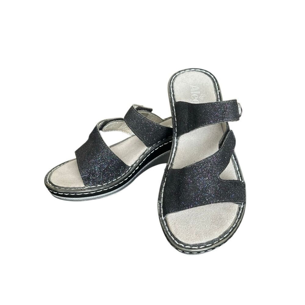 Alegria Loti Glitterati Wedge Black Sparkly Sandals Size EU38 US 8-8.5